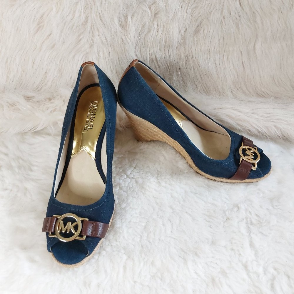 Michael Kors Women's Blue Gold MK Espadrille Wedge Peep Toe Sandals 6 1/2M
